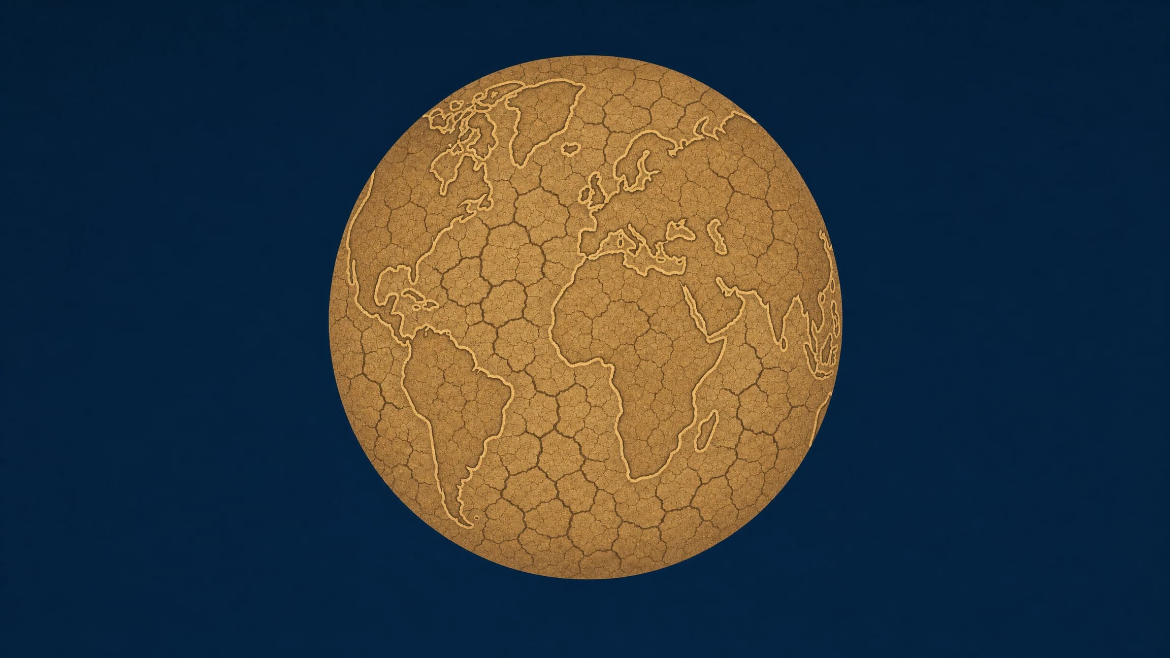 Minimalist editorial illustration of Earth with its oceans gone and seabeds exposed