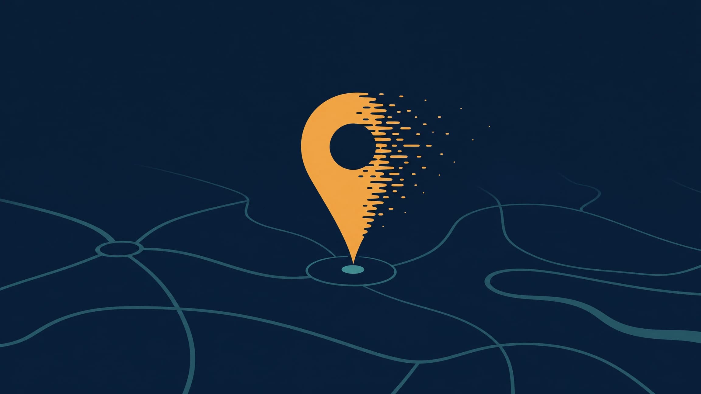 Minimalist editorial illustration of a map with a location pin dissolving into fading dashes